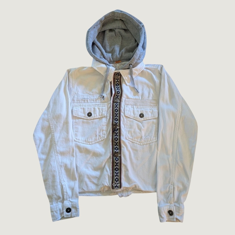 Free People Weekend Wanderer White Distressed Denim Jacket Hooded Boho Small